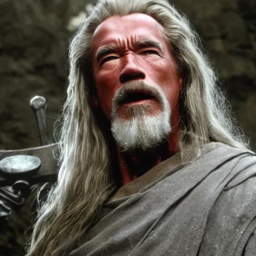 Image similar to Arnold Schwarzenegger as Gandalf, cinematic film still