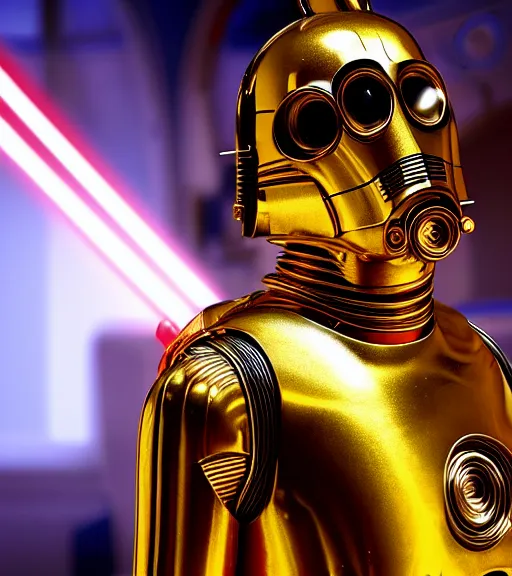 Prompt: c - 3 po as a hamster, movie still, star wars, cinematic, sharp focus, cinematic grain, cinematic lighting, 8 k