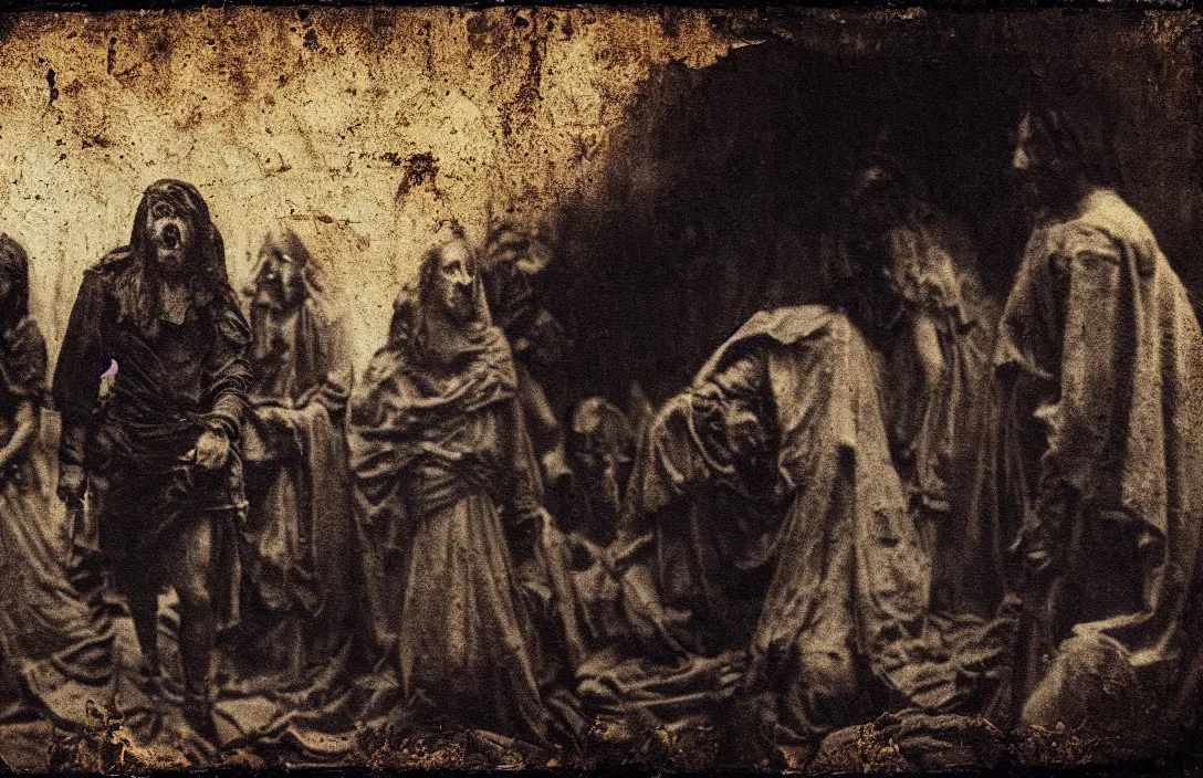 Prompt: pictorial antidote tragedy detail of a past world intact flawless ambrotype from 4 k criterion collection remastered cinematography gory horror film, ominous lighting, evil theme wow photo realistic postprocessing dramatic biblical depictions render by christopher soukup