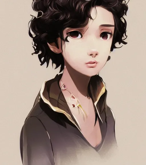 Image similar to character design of anthy himemiya as a college student with black hair, glowing brown skin, delicate features, bollywood starlet, fantasy, small mouth, quiet beauty, intricate, elegant, dress shirt, highly detailed, digital painting, artstation, concept art, smooth, sharp focus, illustration, art by Krenz Cushart and Artem Demura and alphonse mucha