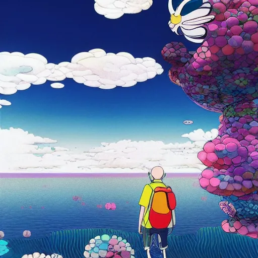 Image similar to a man walking on clouds away from the camera above a lake by takashi murakami, beeple and james jean, aya takano color style, 4 k, super detailed, modern, 4 k, symmetrical