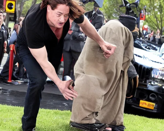 Prompt: Brendan Fraser triumphantly unjust'd