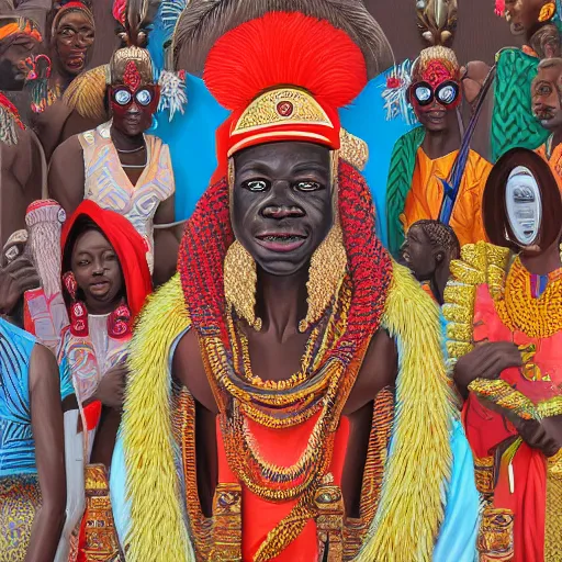 Image similar to highly detailed painting of the oba of benin surrounded by masquerades, fantasy, 8 k, realistic, symmetrical, digital illustration,