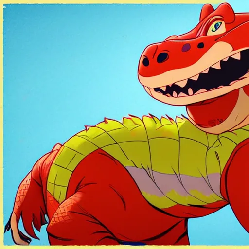 Image similar to in the style of artgerm, loish, anthropomorphic alligator, red scales on his back, yellow scale on his belly and chest, male, waring a hawaiian shirt, in the style of zootopia