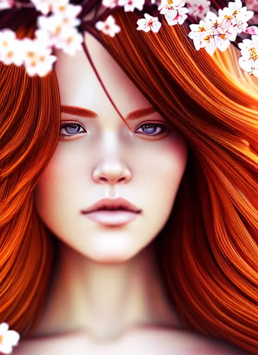 Image similar to photo of a gorgeous female with auburn hair in the style of stefan kostic, realistic, half body shot, sharp focus, 8 k high definition, insanely detailed, intricate, elegant, art by stanley lau and artgerm, extreme blur cherry blossoms background