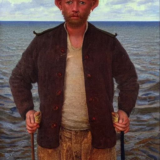 Image similar to painting of cabin boy hyperrealism vasily vereshchagin at harbor symmetrical