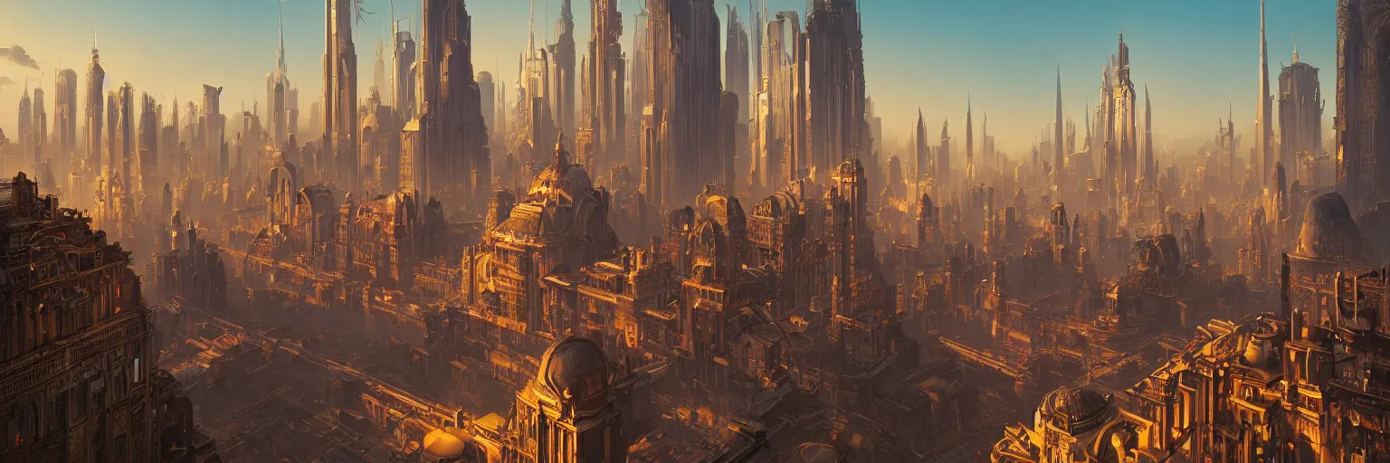 Image similar to an extensive matte painting with high detail, ground level, sci - fi colorful victorian megacity at golden hour with sharp shadows by tyler edlin and sparth, 4 k, vray, art nouveau influences. roger deakins, cinematic cinematography.