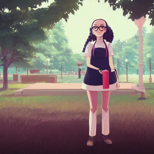 Prompt: a beautiful full body portrait of a young woman with twin braids, wearing glasses and an apron standing in a park, symmetric, beautiful!!! face, makoto shinkai, james gilleard, lois van baarle, ilya kuvshinov, rossdraws, very detailed, matte, gaussian blur, tone mapped