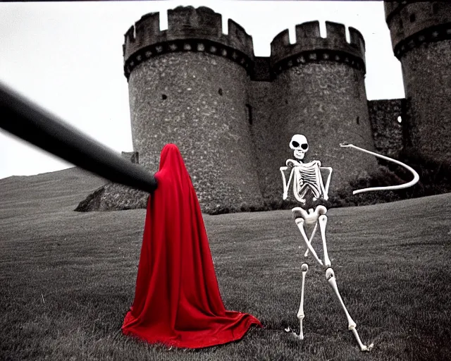 Image similar to by bruce davidson, by andrew boog faithfull redscale photography evocative. a beautiful kinetic sculpture of a horned, red - eyed, skeleton - like creature, with a long black cape, & a staff with a snake wrapped around it, standing in front of a castle atop a cliff.