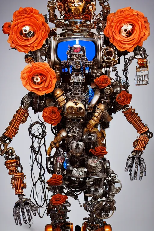 Prompt: full-body rococo and cyberpunk style sculpture of a young handsome Aztec prince half chrome robot with a chest opening exposing circuitry and a sparking motherboard, glowing blue lasert eyes, crown of mechanical gears and roses, flowing orange-colored silk, fabric, steampunk archways. baroque elements, human skull. full-length view. baroque element. intricate artwork by caravaggio. many many birds birds on background. Trending on artstation, octane render, cinematic lighting from the right, hyper realism, octane render, 8k, depth of field, 3D