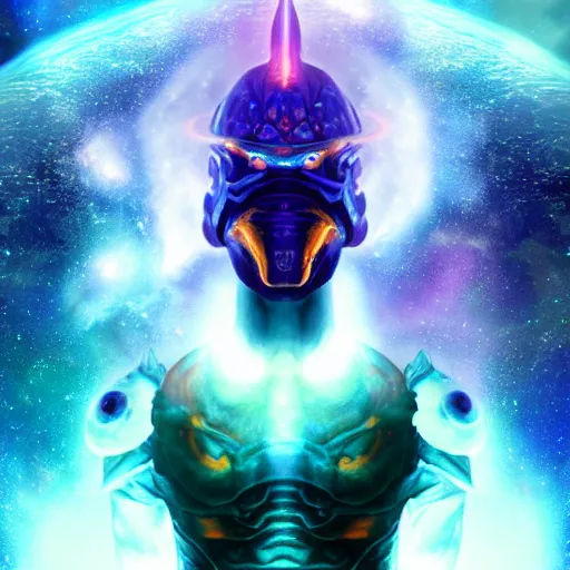 Image similar to photorealistic fantasy cosmic concept art of a cosmic god with armor made out of planets and dark matter, hovering in a unknown galaxy, fully body portrait, cinematic, dynamic lighting, ultra detailed, creative, trending on art station, stunning visuals, creative