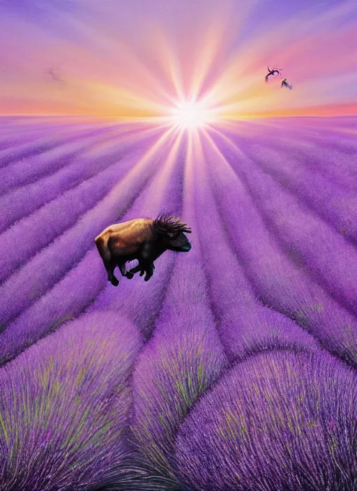 Image similar to A beautiful painting of one flying buffalo with wings in flight over glistening lavender fields at dawn