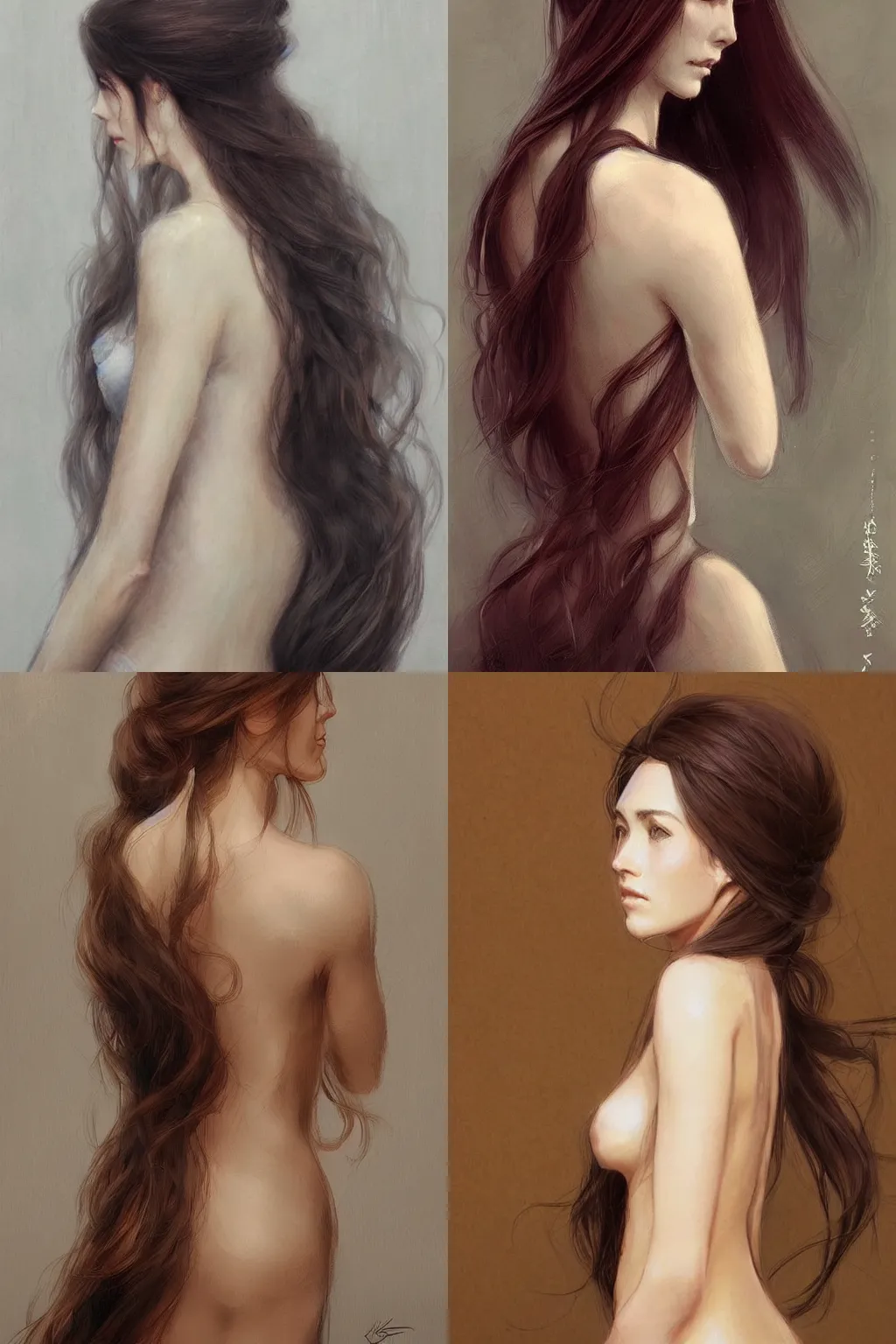 Prompt: stunning portrait of woman with very long flowing hair, back view, by Krenz Cushart