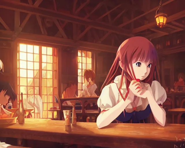 Image similar to anime visual, portrait of a young female traveler in a busy fantasy medieval tavern interior, cute face by yoh yoshinari, katsura masakazu, studio lighting, dynamic pose, dynamic perspective, strong silhouette, anime cels, ilya kuvshinov, cel shaded, crisp and sharp, rounded eyes