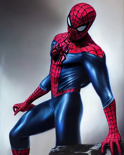 Image similar to hybrid of a bulky stealth suit and spider - man, photorealistic oil painting, hyperdetailed, realistic