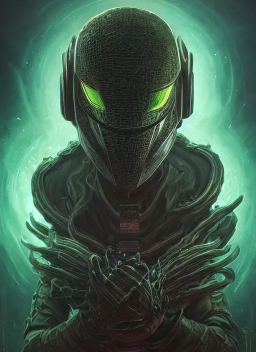 Image similar to dark lovecraft horror machine glowing reptile eyes, daft punk led armor, elegant, highly detailed, centered, digital painting, artstation, concept art, smooth, sharp focus, illustration, artgerm, tomasz alen kopera, peter mohrbacher, donato giancola, joseph christian leyendecker, wlop, frank frazetta