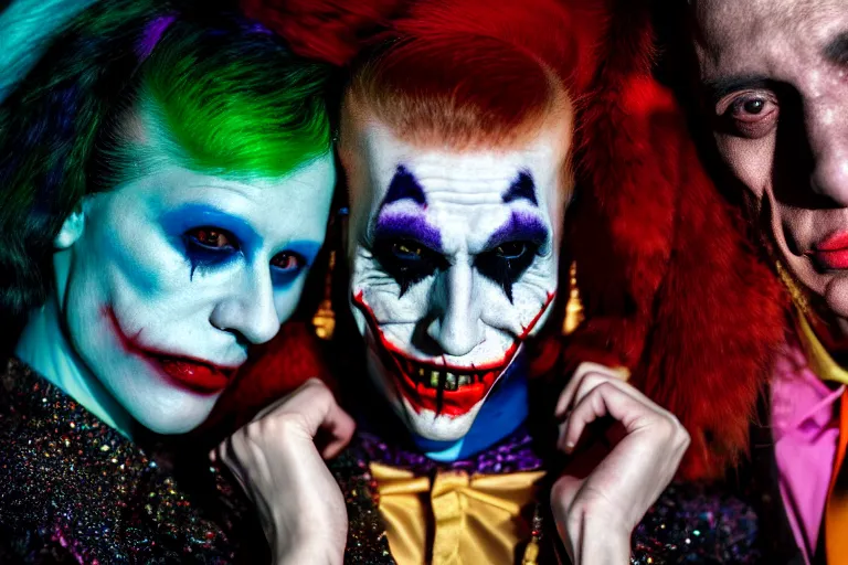 Image similar to 35mm color, illegal rave, portrait of Joker and Harley Queen, fashion shoot, freak show, hyperdetailed, photorealistic, interesting, by David la chapelle and les edwards and david cronenberg and WETA digital, ID magazine, octane rendering, cinematic, hyperrealism, octane rendering, 8k, depth of field, bokeh.