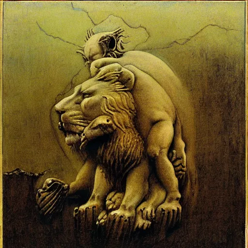 Image similar to cherub with four faces : man, lion, eagle, bull. drawn by zdzislaw beksinski