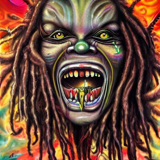 Image similar to a demon with dreadlocks telling a joke, airbrush art, shamanic horror lsd art, by basuki abdullah