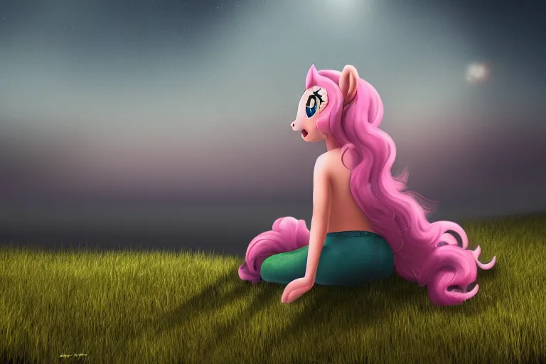 Image similar to Pinkie Pie sitting down viewed from behind gazing off into the horizon professional photography and mood lighting flowing mane and tail relaxed expression subtle fog fireflies realistic digital art 4k