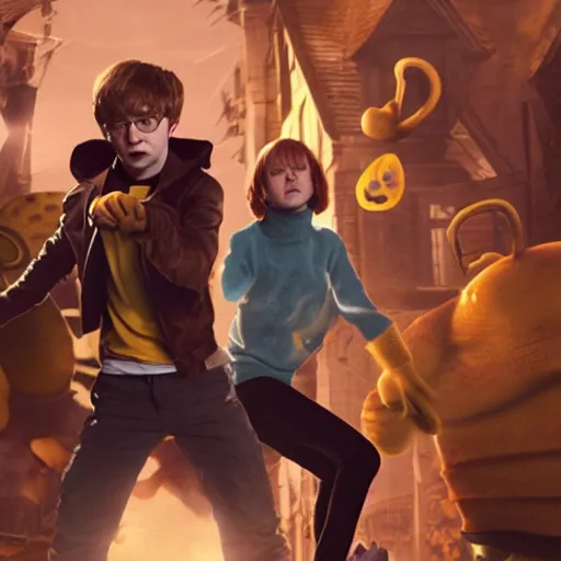 Prompt: A badass photo of emma watson, daniel radcliffe and Rupert Grint in a spongebob adventure movie by nuri iyem, james gurney, james jean, greg rutkowski, anato finnstark. hyper detailed, 50mm, award winning photography.