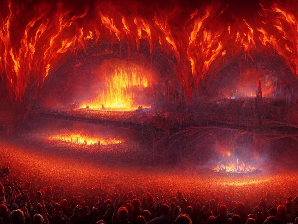 Prompt: 4 k photograph of a concert in hell, brightly lit stage centered and on fire, high contrast, stage lighting, pyrotechnics, ghibli animated film, volumetric lighting, octane render by stanley artgerm lau, greg rutkowski, thomas kindkade, alphonse mucha,