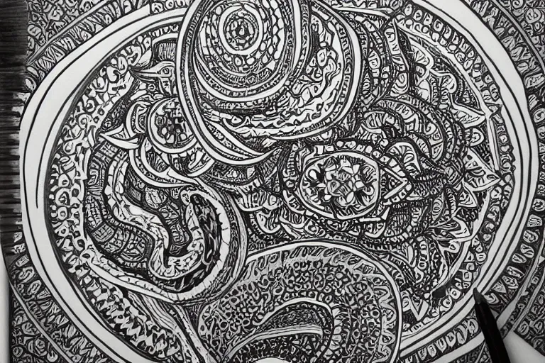 Prompt: black and white sketch, mandala mandorla detailed design, intricate linework by junji ito