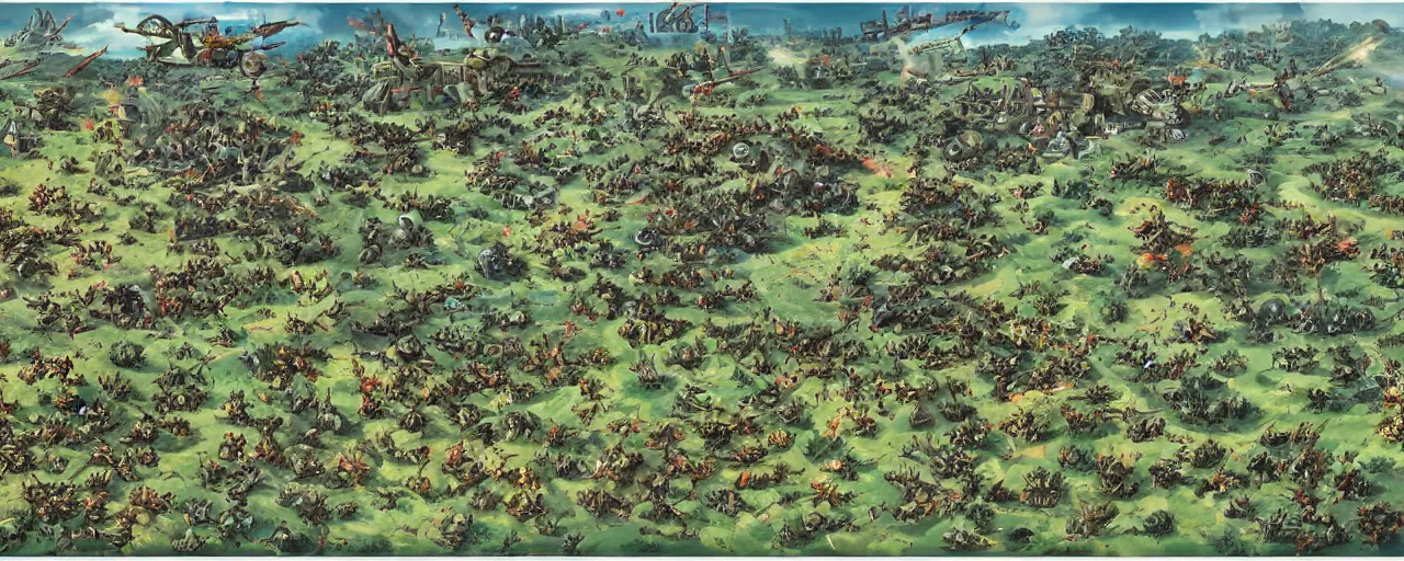 Image similar to childen's art of a battle field, detailed