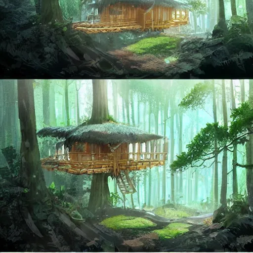 Image similar to concept art painting of treehouses made out of trees, walkways between trees, trees with doors and windows in a deep forest, realistic, detailed, cel shaded, in the style of makoto shinkai and greg rutkowski and james gurney