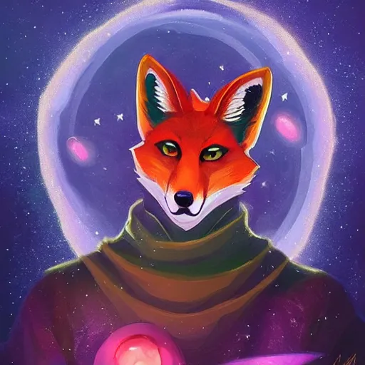 Prompt: a stylized painting for an avatar of an awesome cosmic powerful luxurious foxfolk mage themed around death and the cosmos, in the style of dnd beyond avatar portraits, beautiful, artistic, elegant, lens flare, magical, lens flare, nature, realism, stylized, art by jeff easley and genndy tartakovsky