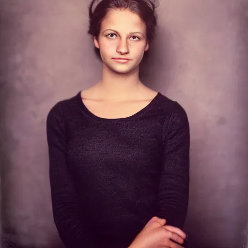Image similar to portrait of a beautiful young woman, front view. casual clothing. studio photo by annie leibovitz.