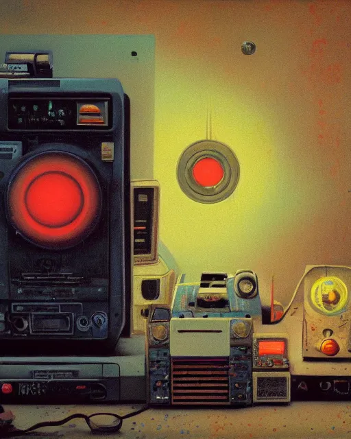 Image similar to majora's mark among 8 0 s era technology, vintage shapes, retro technology, vintage color, wayne barlow, oil on canvas, deep depth of field, masterpiece, cinematic composition, hyperdetailed