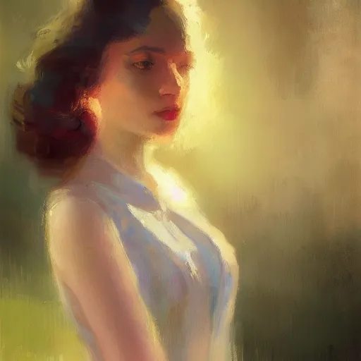 Prompt: very very very aesthetic stunning portrait of a woman in a serene environment by Antoine Blanchard, artstation, art deco, cinematic lighting