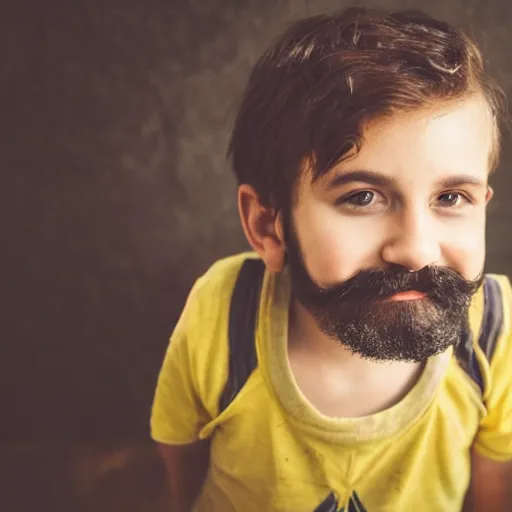 Image similar to small boy with beard and mustache looking at the camera and smiling