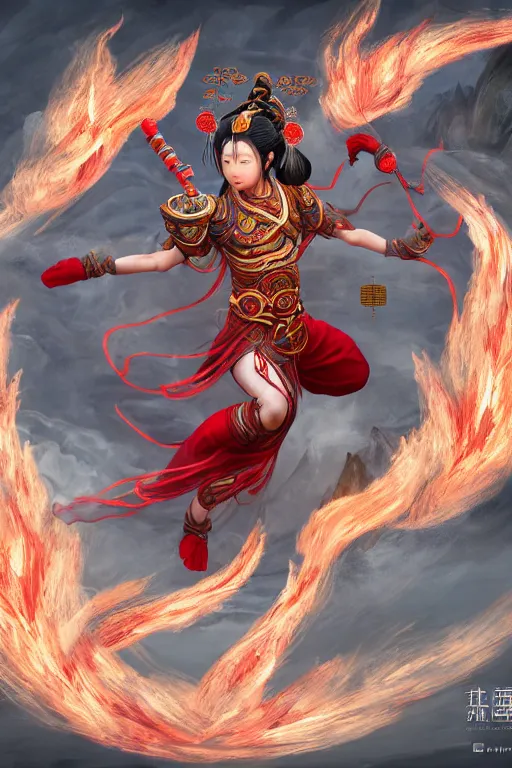 Prompt: nezha flies around swiftly on his wind flame circles in ruin chinese city, masterpiece, chinese mythology, top view, cinematic, fantasy character portrait, highly detailed, by new gods : nezha reborn, nezha : birth of the demon child, ne zha from smite, trending on artstation, concept art, flame everywhere,