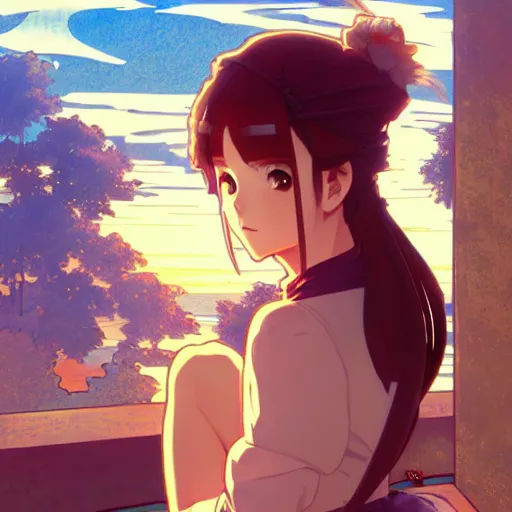 Prompt: digital anime art in the style of netflix arcane, cute female shinobi sitting on an old oriental roof at golden hour, wlop, alphonse mucha, greg rutkowski, ilya kuvshinov, backlit