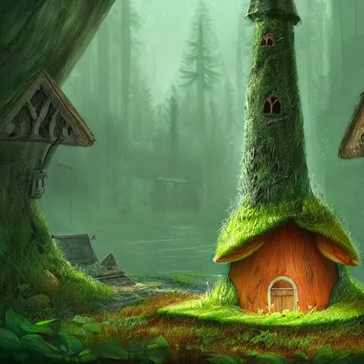 Image similar to a small mushroom house in the forest with a chimney and windows, green forest, overgrowth, beautiful, striking, artstation, concept art, matte painting