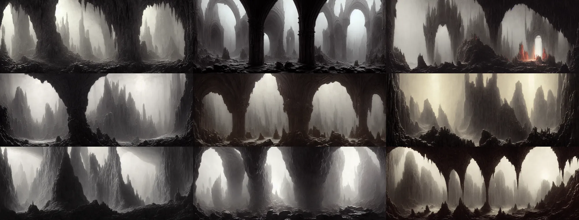 Image similar to a epic concept art by barlowe wayne, gustave dore and greg rutkowski. magma. dark fantasy cave palace of bad omens. morandi colour. fier in fog!! dante's divine comedy, light effect. a beam of light fell on the stone throne!! 3 d, ultra clear detailed. octane render, unreal engine. 8 k