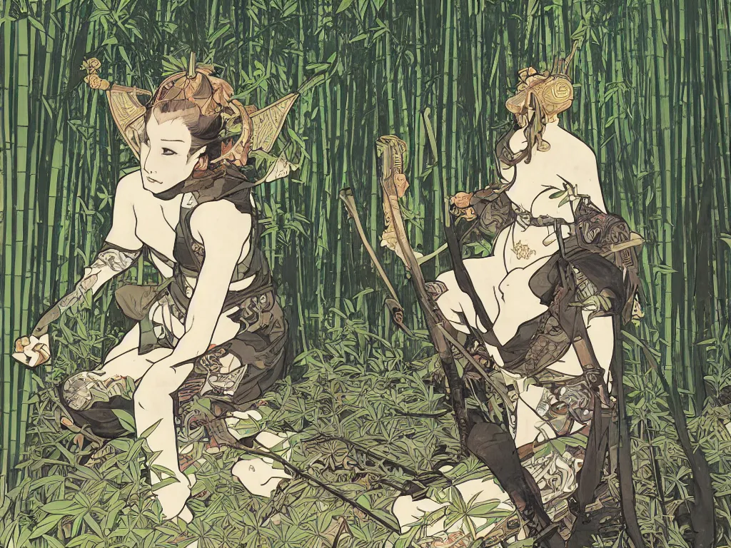 Image similar to a wandering samurai in full armor sitting in a dark bamboo forest, by fiona staples, range murata, alphonse mucha