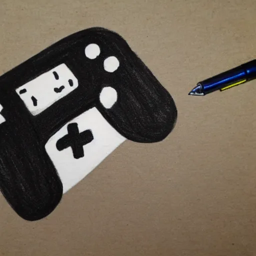 Prompt: ink pen doodle of small box character holding game controller