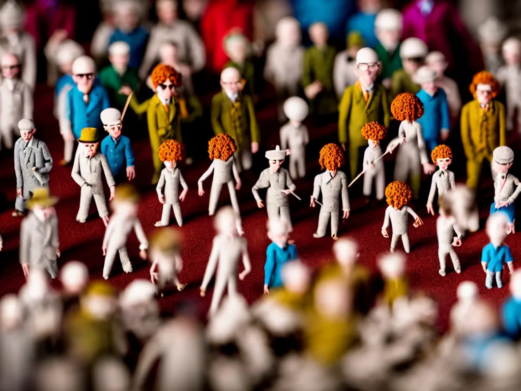 Image similar to macro photo of tiny claymation people wes anderson sharp focus