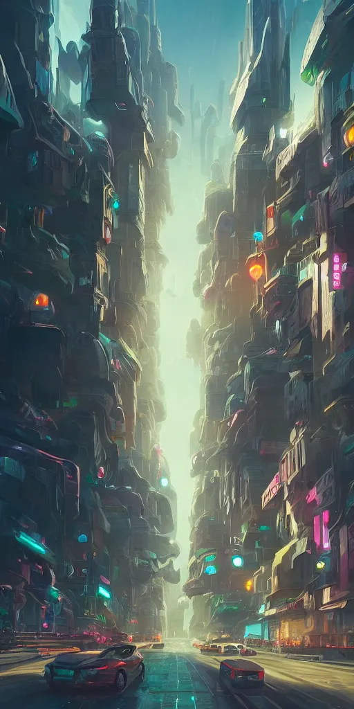 Prompt: a busy street in the futuristic fantasy city of Asgard in the style of Sylvain Sarrailh, beautiful digital art, cinematic composition, detailed, concept art, Matt painting, oil painting, high res