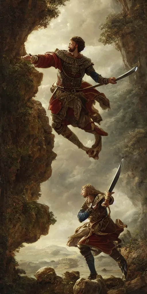 Image similar to a stunning and noble highly detailed romantic period style painting of young king arthur pulling the sword from the stone by james jean, josep tapiro baro and harles sillem lidderdale, trending on artstation, oil painting masterpiece, symmetry, rule of thirds, mysterious