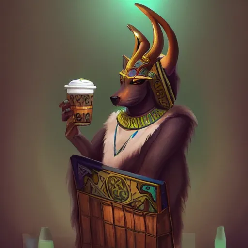 Image similar to Anubis God working at Starbucks, very detailed, artstation, illustration, masterpiece, digital art, Oil Painting, Furry Art