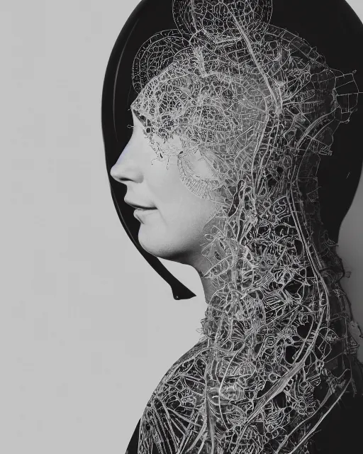 Prompt: a woman's face in profile, wearing a vintage space helmet made of elaborate intricate delicate leaf skeleton, in the style of the dutch masters and gregory crewdson, dark and moody