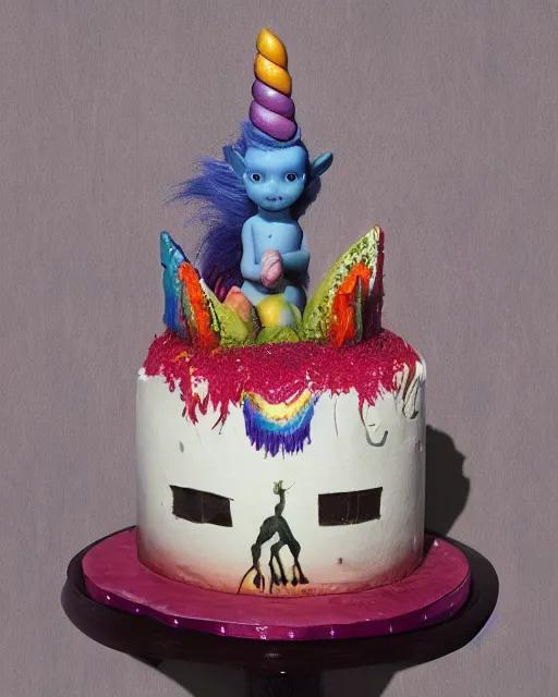 Image similar to photo of a childrens birthday cake scary unicorn designed by beksinski, bokeh