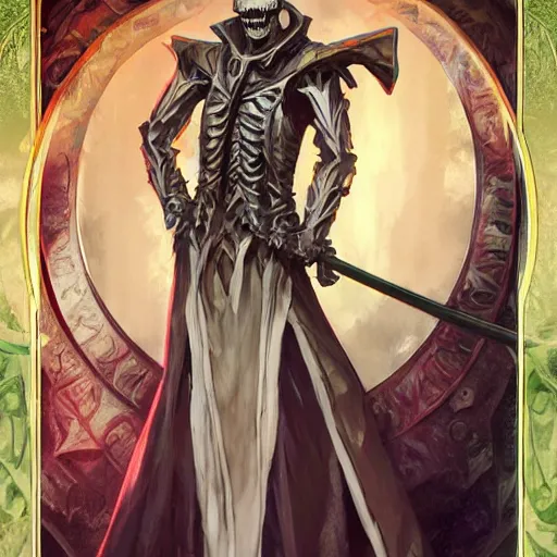 Image similar to Tall skeleton overlord, covered with royal robes, magic caster, wide shoulders, evil aura, full body shot, digital pencil art, fantasy, isekai, art by artgerm and greg rutkowski and alphonse mucha