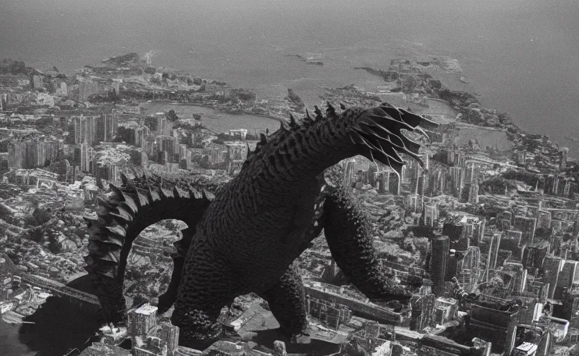 Image similar to found drone footage of a giant Kaiju monster with starfish-like arms, trampling over Pyongyang, long cast shadows, rimlight, film grain, monochrome