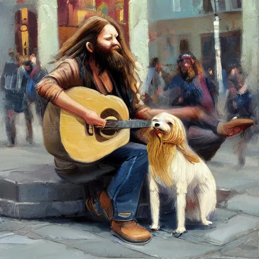 Image similar to oil painting of a young man with long hair blond and a beard hippie style with his golden retrever dog playing guitar in the square for money, people watching around, by greg rutkowski, artstation