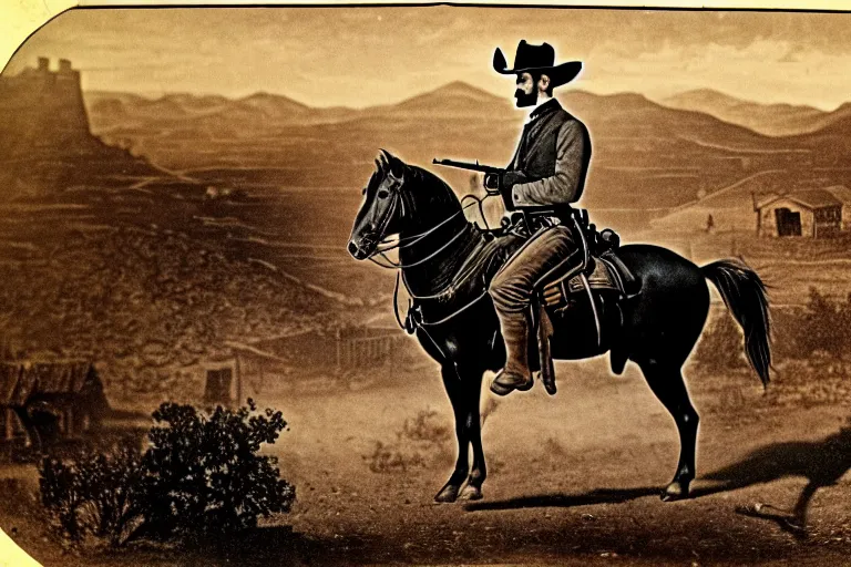 Image similar to an extremely detailed masterpiece photograph of a 1 8 9 0's gunslinger on his horse gun in hand while overlooking an old west town, epic scene, cinematic lighting, silverado production, 8 k